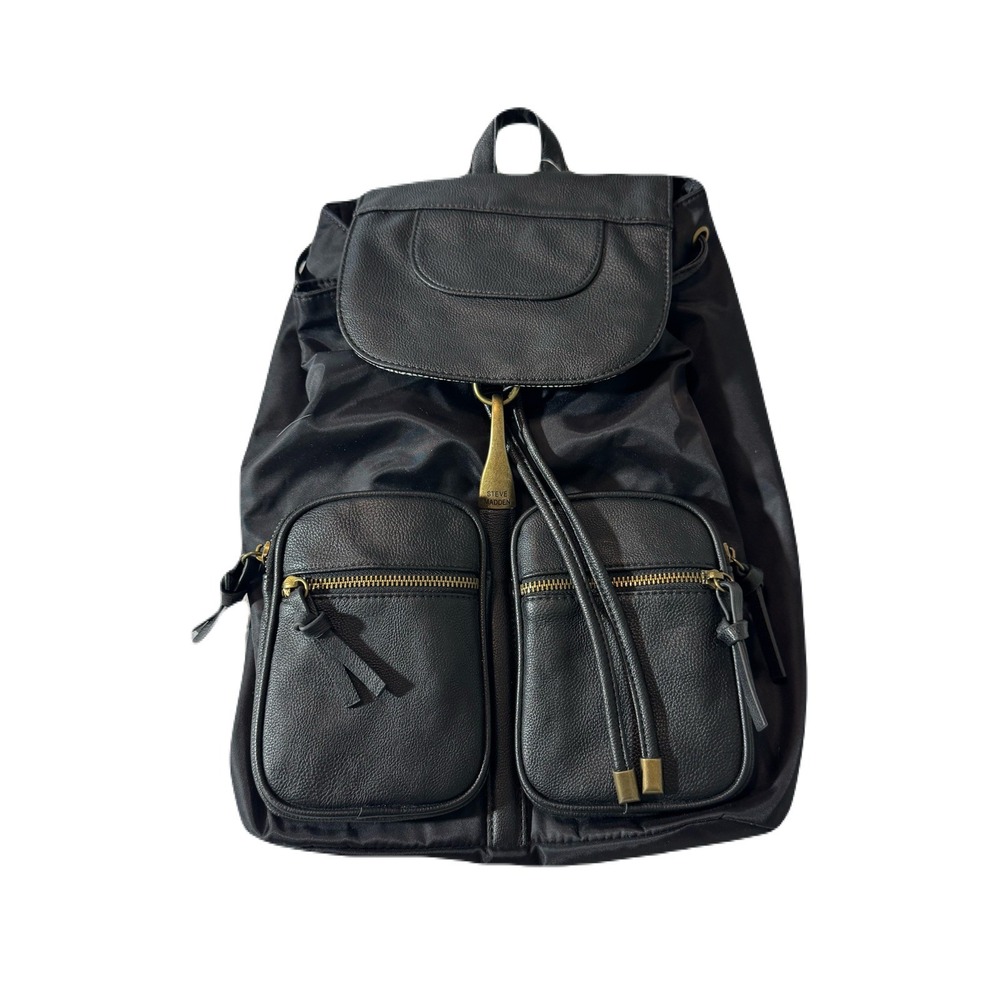 NWT Steve Madden BCLIP Black Nylon Drawstring Backpack Faux Leather Trim